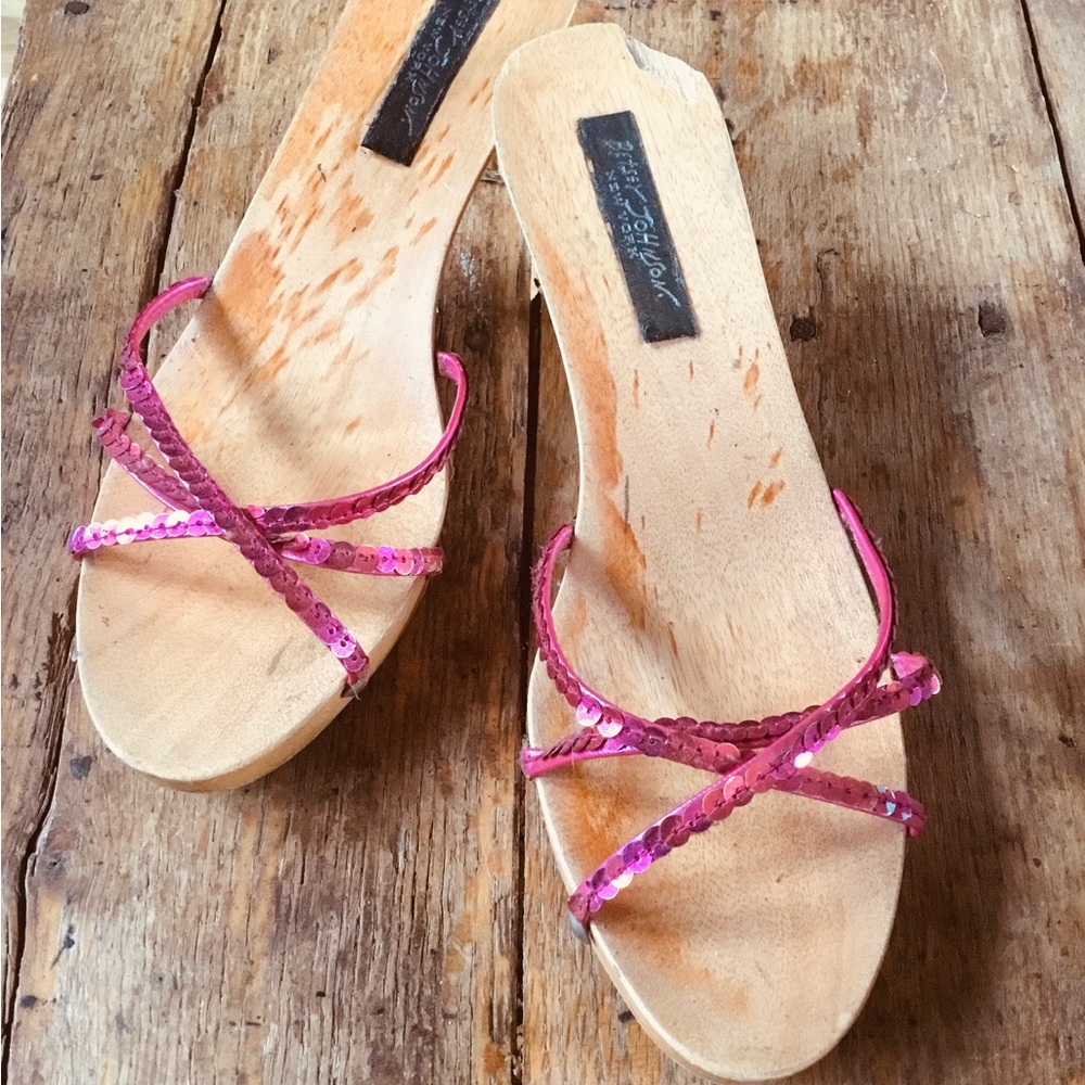 Vintage Betsey Johnson HotPink Sequins Wooden Kitten Heels